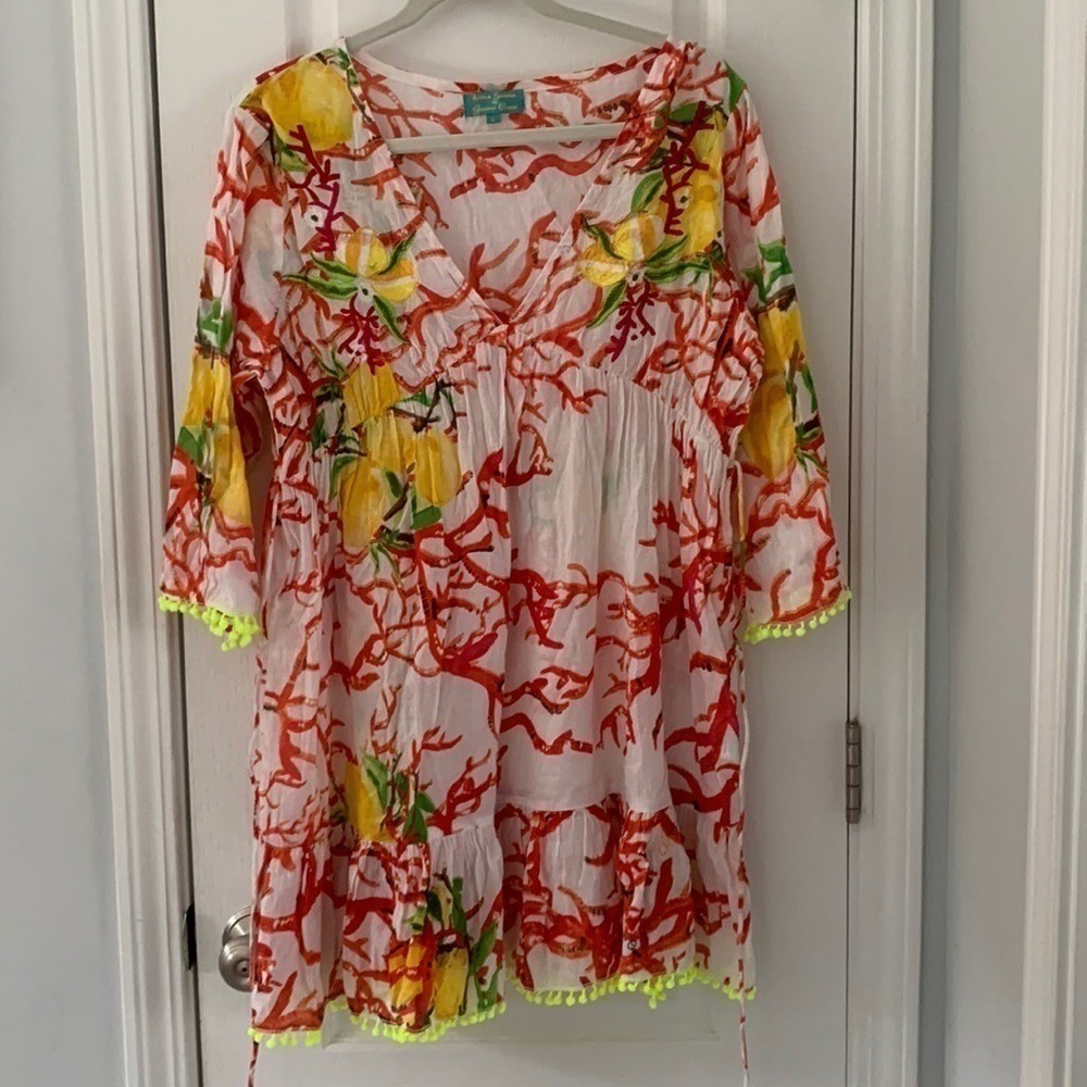 Antica Sartoria Giacomo Cinque Lemon Coral Cotton Tunic Dress Pom Pom Trim L